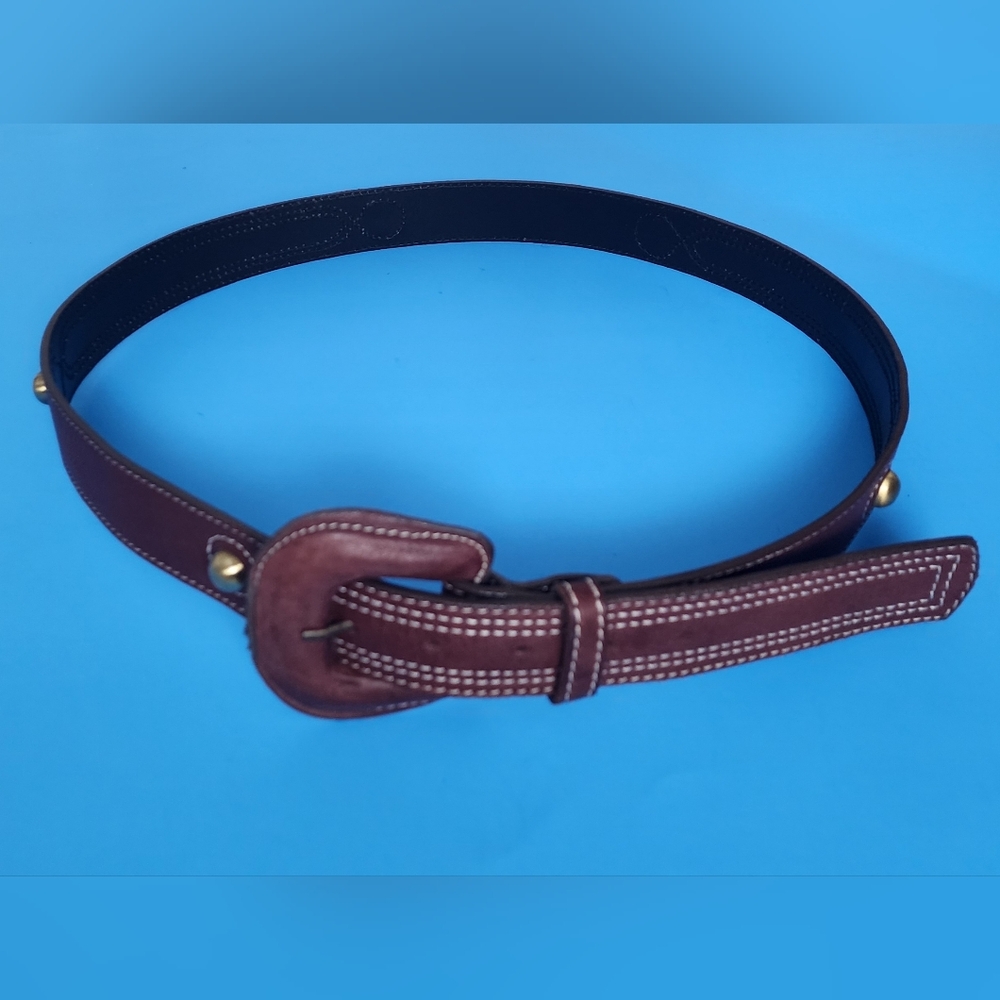 Per Una Mens Ranger Style Leather Belt Length 48in. Brown Double Stitch Studs.